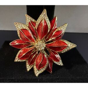 Vintage Napier Red Enamel & Rhinestone Poinsettia Brooch
